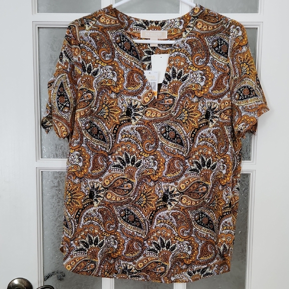 MICHAEL Michael Kors Paisley Short Sleeve Top - Gold and Black - Picture 1 of 11